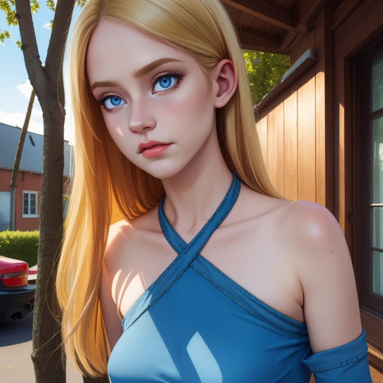 Cornelia,long blond hair,blue eyes,solo,
standing,jeans,
outdoors,town,frony porch,
morning,dress,bare shoulders,
(insanely detailed, beautiful detailed face, masterpiece, best quality),<lora:CorneliaHale-10W2:0.8>,