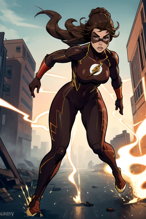 masterpiece,best quality,extreme detail,8k,image sharpness,<lora:flash-20:0.6>,flashwoman,1girl,solo,breasts,looking at viewer,brown hair,gloves,lips,bodysuit,mask,animification,full body,standing pose,(curvy),running,