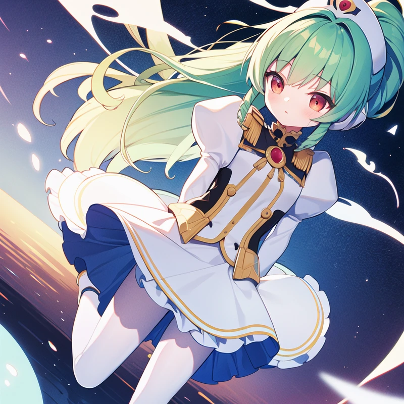 1girl, solo, masterpiece, best quality, illustration, absurdres, cute, film_grain, extremely detailed face, perfect lighting, cowboy shot, <lora:vanilla_h:0.7>, vanilla_h_galaxy_angel, green hair, dress, frills, green hair, juliet sleeves, long hair, long sleeves, ponytail, puffy sleeves, red eyes, white dress, pantyhose, white pantyhose, white legwear, thighhighs, science fiction, frilled skirt, white footwear, white skirt, drill hair, hat,