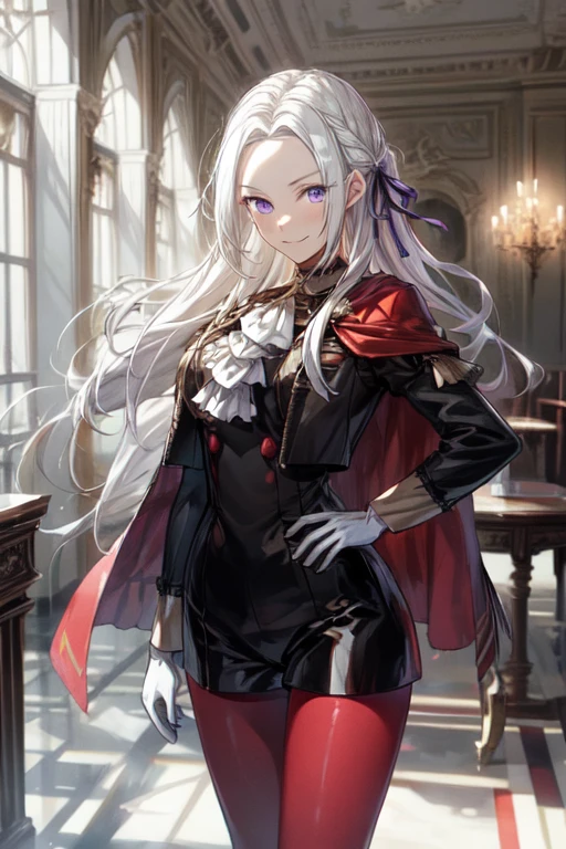 masterpiece, best quality, edelgard von hresvelg, 1girl, white hair, purple eyes,parted bangs,forehead, long hair, hair ribbon, black dress, black jacket, black shorts, red cape, red pantyhose, white gloves, high heels, ascot, nice hands, perfect hands,indoors, palace,(upper body),smile,hair flip, hand on hip,looking at viewer,face, more_details:0.5, facing viewer,(adult)