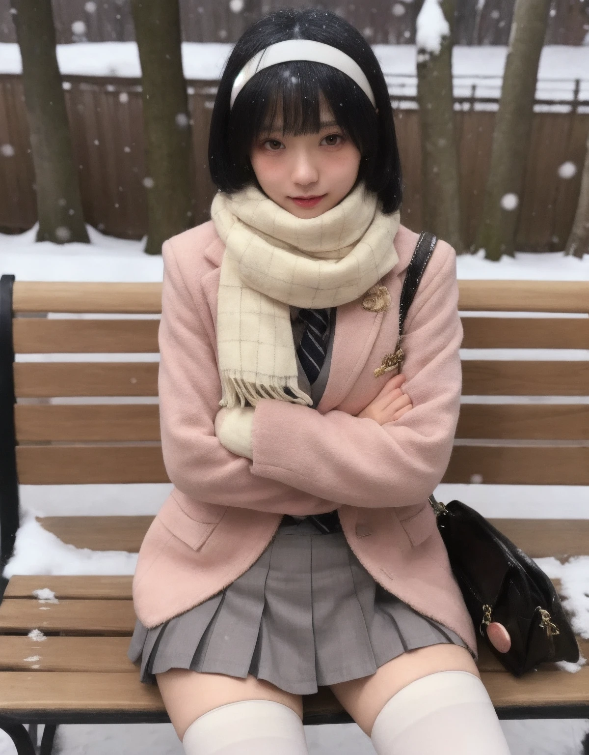 1girl, high quality, masterpiece, cowboy shot, white thighhighs, school uniform, looking at viewer, sitting, thin, hairband scarf, (blush),(lip biting), outdoors, snowing, hairband, parted lips, handbag,crossed arms, bench, mole under eye,
<lora:9uri__v1-000005:0.65>