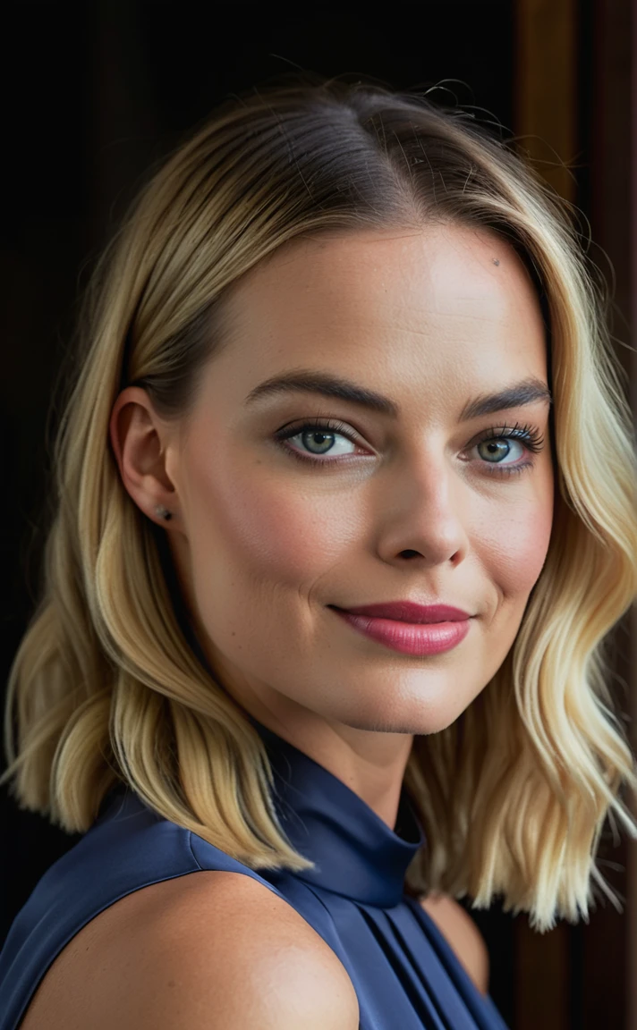 margot_robbie_model 
Portrait studio photography ,  real skin texture, relaxed, atmospheric, 
real life shot, film grain,
 in style of Platon shot on Canon EOS 5D Mark IV 24-70mm f/2.8 1/125s 400 Natural light, reflectors, wearing a silk blouse, smile . shallow depth of field, vignette, highly detailed, high budget, bokeh, cinemascope, moody, epic, gorgeous, film grain, grainy
 <lora:ReaLora:.5>
  <lora:add-detail-xl:.5>  <lora:skin_slider_v1:1.5> <lora:margot_robbie_model:1>