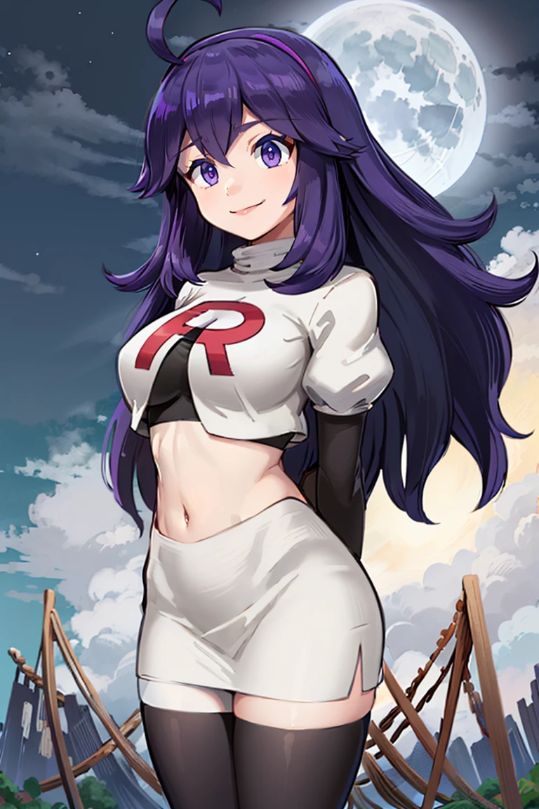 <lora:Cosplay_TeamRocket_v2:0.8>, ((masterpiece,best quality)), Cosplay_TeamRocket, white jacket, cropped jacket, white skirt, elbow gloves, black thighhighs, zettai ryouiki, aahex, hex maniac \(pokemon\), long hair, ahoge, purple hairband, purple eyes, @_@, large breasts, smile, <lora:hex_maniac_v1:0.7>, arms behind back, outdoors, full moon,