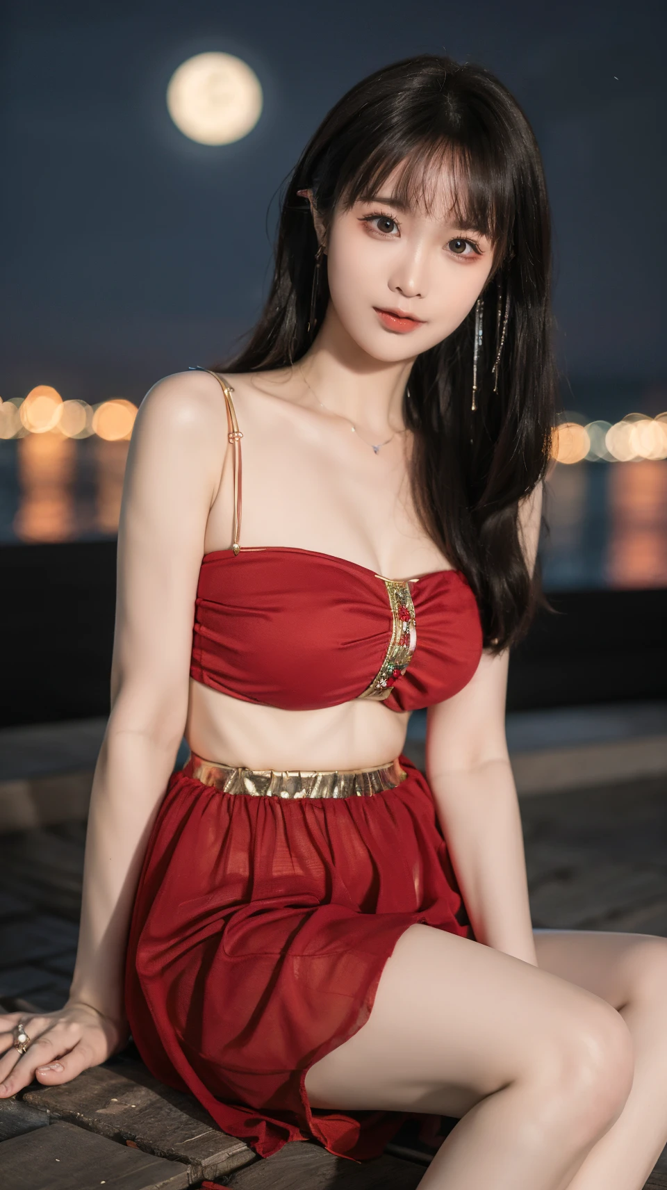 best quality,HDR,UHD,8K,Vivid Colors,solo,photo_(medium),pov,cute & girly,(night:1.4),(looking at viewer:1.5),street,sitting,<lora:rc36:0.8>,rc,breasts,jewelry,midriff,red dress,<lora:momo:0.5>,
