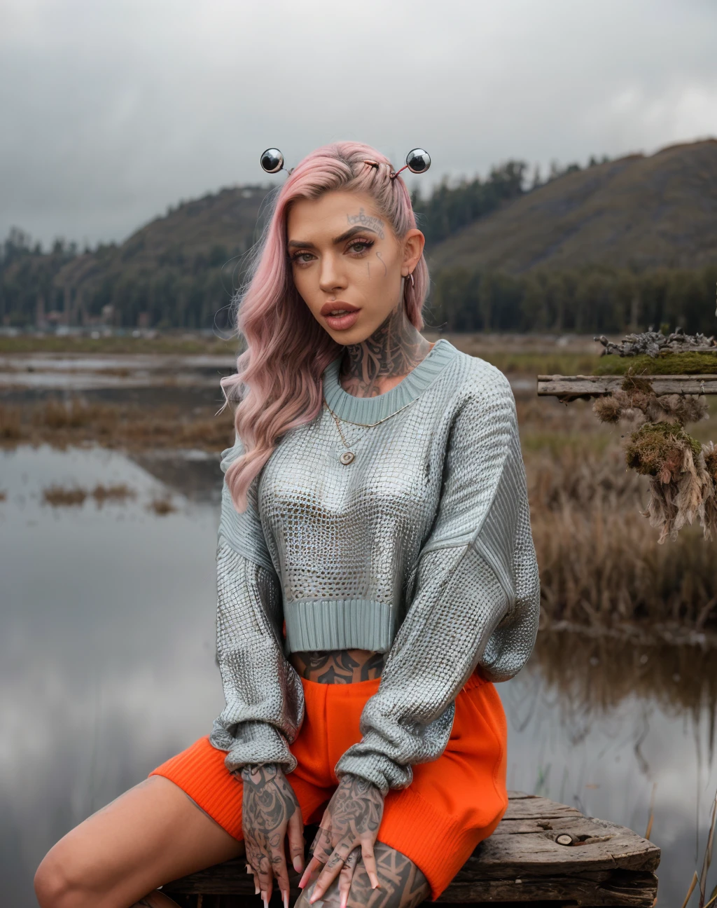 cinematic photo , raw, textured skin, realistic, style raw, <lora:quiron_ChantalDanielle_v3_lora:0.97> ChantalDanielleQuiron Woman Dressed in the (style of Dystopian Warrior modest outfit Glamorous Tangerine Oversized sweater with Hairpins and Club) (with Misty Marshlands in the background ), Sitting with hands on ankles, . 35mm photograph, film, bokeh, professional, 4k, highly detailed