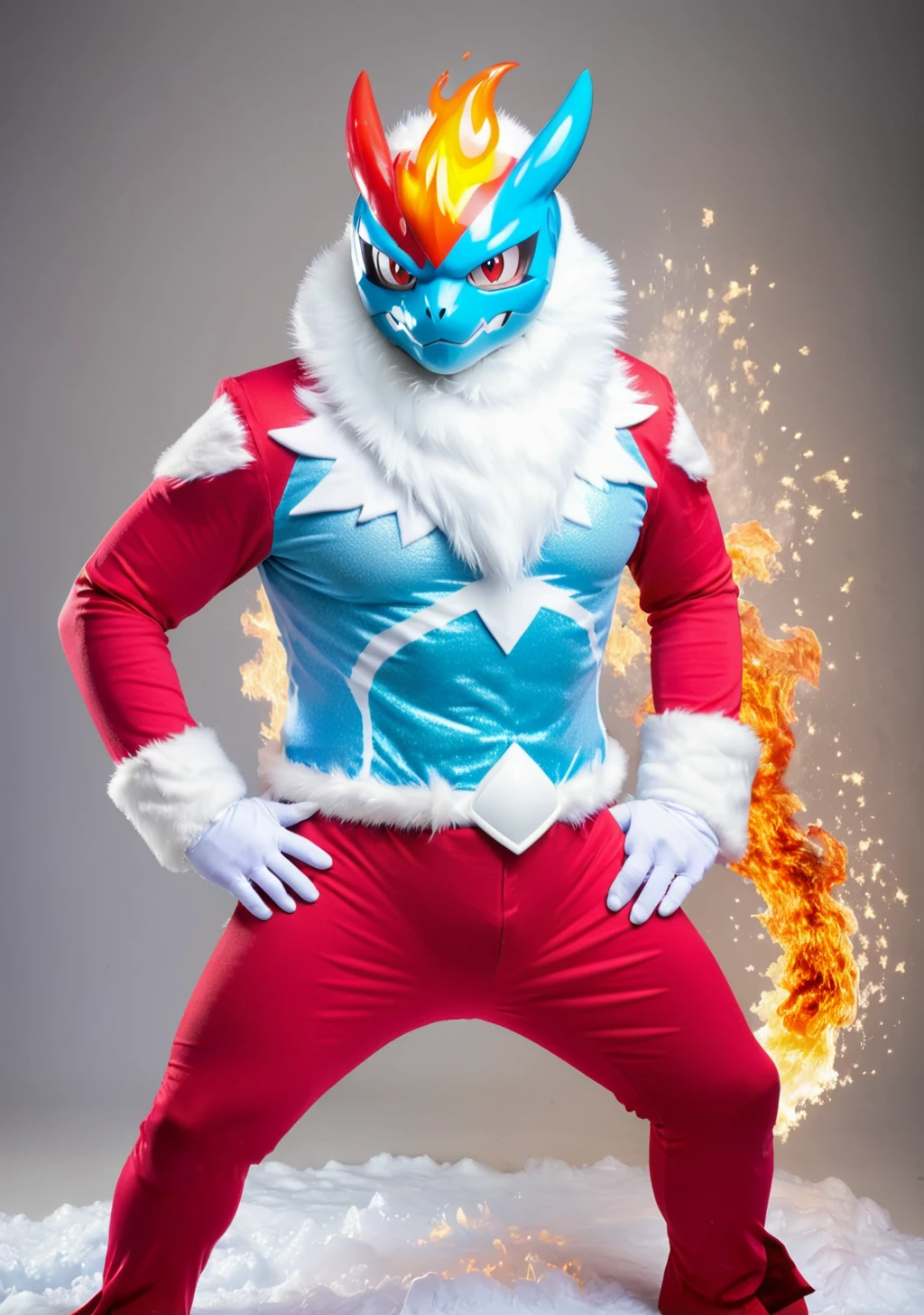professional portrait photo, santamon, fire/ice/holiday type pokemon