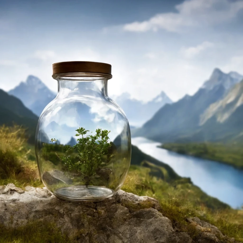 In a small circular glass jar, there are houses, mountains, rivers, grasslands, trees, and flowers with a blurry background. There is no light source at the top, and there is shadow below the jar,<lora:aquarium:1>