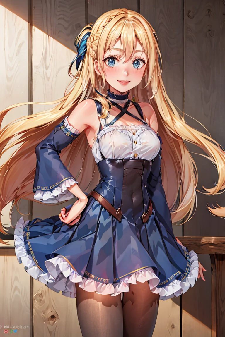 <lora:Puppypaww_Style:0.8>,((masterpiece,best quality)),  <lora:Marina_Lucce_Maxetto_OC_v2:0.8>,  Marina_Lucce_Maxetto_OC, 1girl, solo, blonde, very long hair, french braid, blue hair ribbon, frilled choker, criss-cross halter, sleeveless dress, high-waist skirt, blue backless dress, waist bow, detached sleeves, frilled sleeves, wide sleeves, pantyhose, solo, smiling, looking at viewer, cowboy shot, hand on hip,