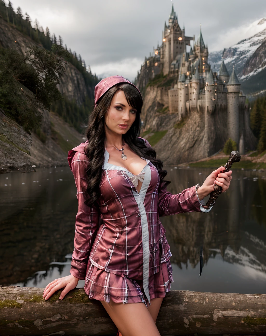 cinematic photo , raw, realistic, style raw, <lora:quiron_AlektraBlue_v2_lora:0.77> AlektraBlueQuiron woman Dressed in the (style of Fairy Tale Cartographer conservative outfit fully clothed Hipster Salmon Sleep shirt with Stole and Staff) (with Icebound Castle in the background ), Lying with one leg bent, . 35mm photograph, film, bokeh, professional, 4k, highly detailed