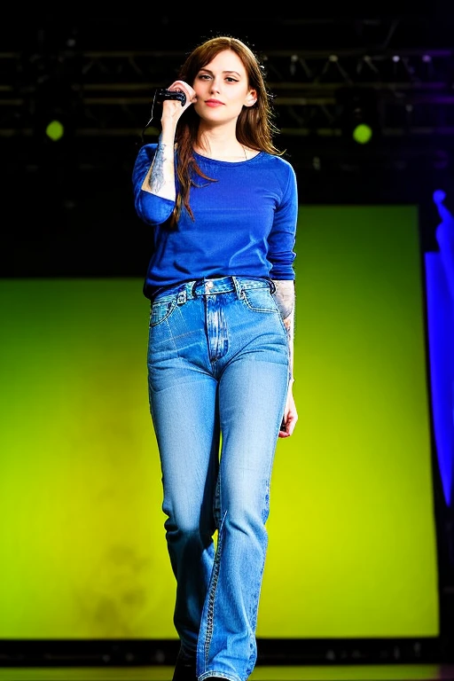 <lora:nataliecuomolora:.8>nataliecuomo, standing on a stage, holding a mic, blue jeans
