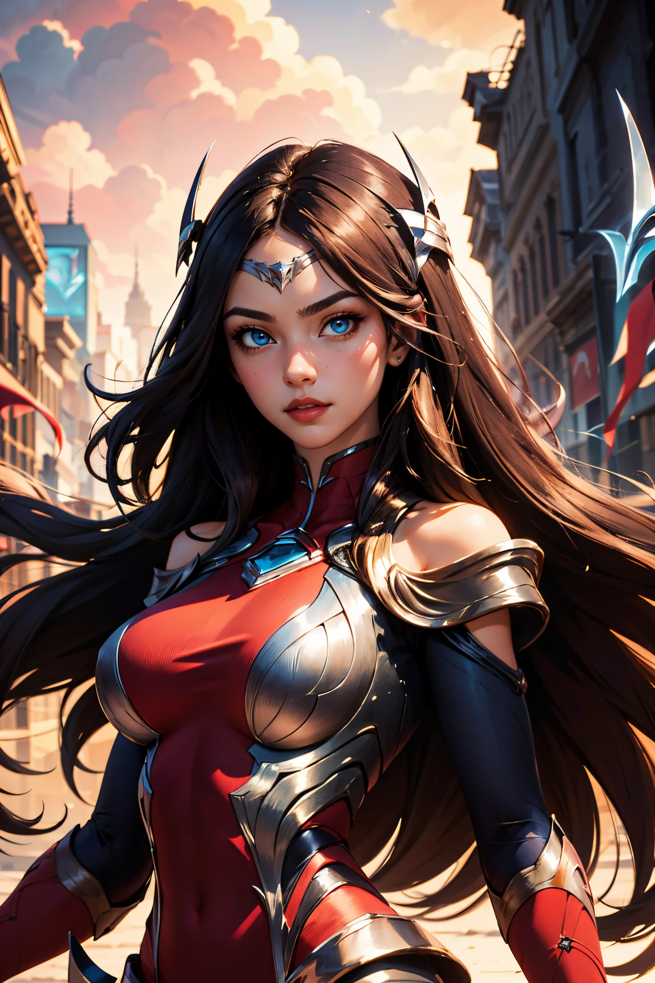 (masterpiece, best quality:1.2), intricate details, <lora:GoodHands-beta2:1>, <lora:lol_irelia1.2-000008:1>, irelia, 1girl, bodysuit, bare shoulders, forehead protector, hair ornament, armor, (mature female:1.2), huge breasts