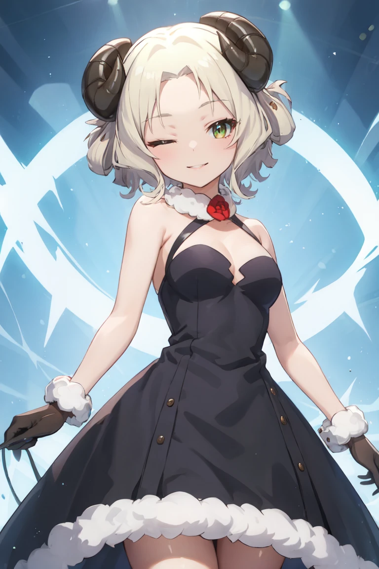 masterpiece, best quality, ultra-detailed, glistening shiny, glowing light, ray tracing, HDR, deph of field, (perfect face, detailed face), <lora:ProvatPecoraAllieres:0.8>, provatpecora, curled horns, short hair, v, one eye closed, fur choker, black dress, black gloves,standing, cowboy shot