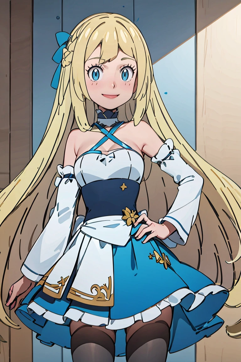 <lora:Alola_Style:0.65>,((masterpiece,best quality)), <lora:Marina_Lucce_Maxetto_OC_v2:0.8>, Marina_Lucce_Maxetto_OC, 1girl, solo, blonde, very long hair, french braid, blue hair ribbon, frilled choker, criss-cross halter, sleeveless dress, high-waist skirt, blue backless dress, waist bow, detached sleeves, frilled sleeves, wide sleeves, pantyhose, solo, smiling, looking at viewer, cowboy shot, hand on hip,