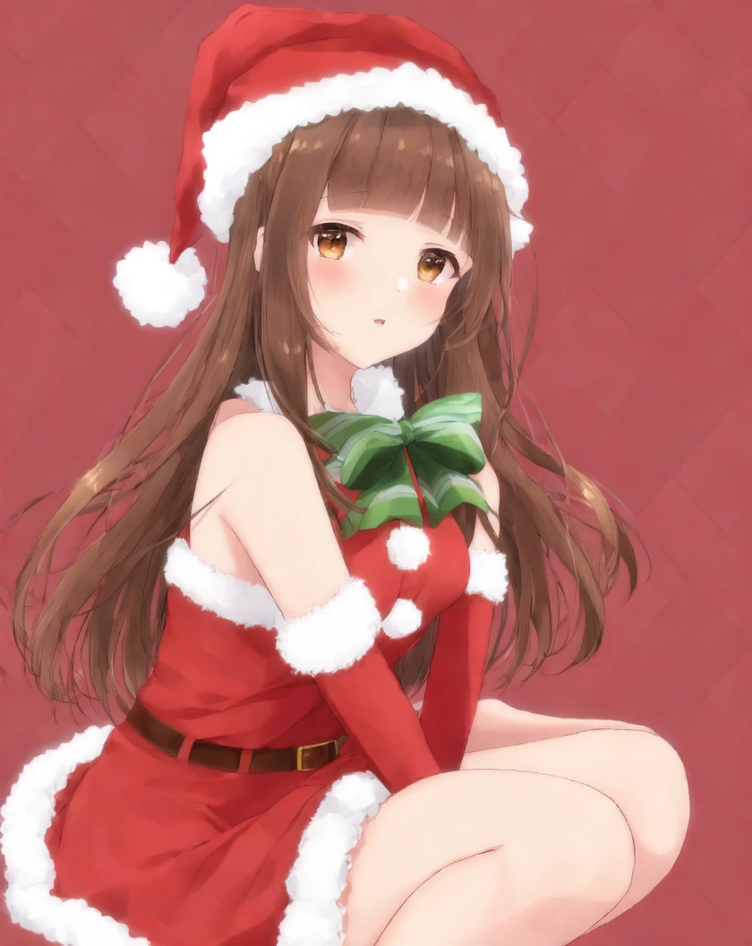 masterpiece, best quality, 1girl, solo, arm warmers, belt, blunt bangs, bow, bowtie, brown belt, brown eyes, brown hair, dress, fur-trimmed arm warmers, fur-trimmed dress, fur trim, green bow, green bowtie, hat, long hair, looking at viewer, parted lips, pom pom \(clothes\), red dress, red headwear, sack, santa costume, santa hat, sidelocks, sleeveless, sleeveless dress, squatting, striped, striped bow, striped bowtie