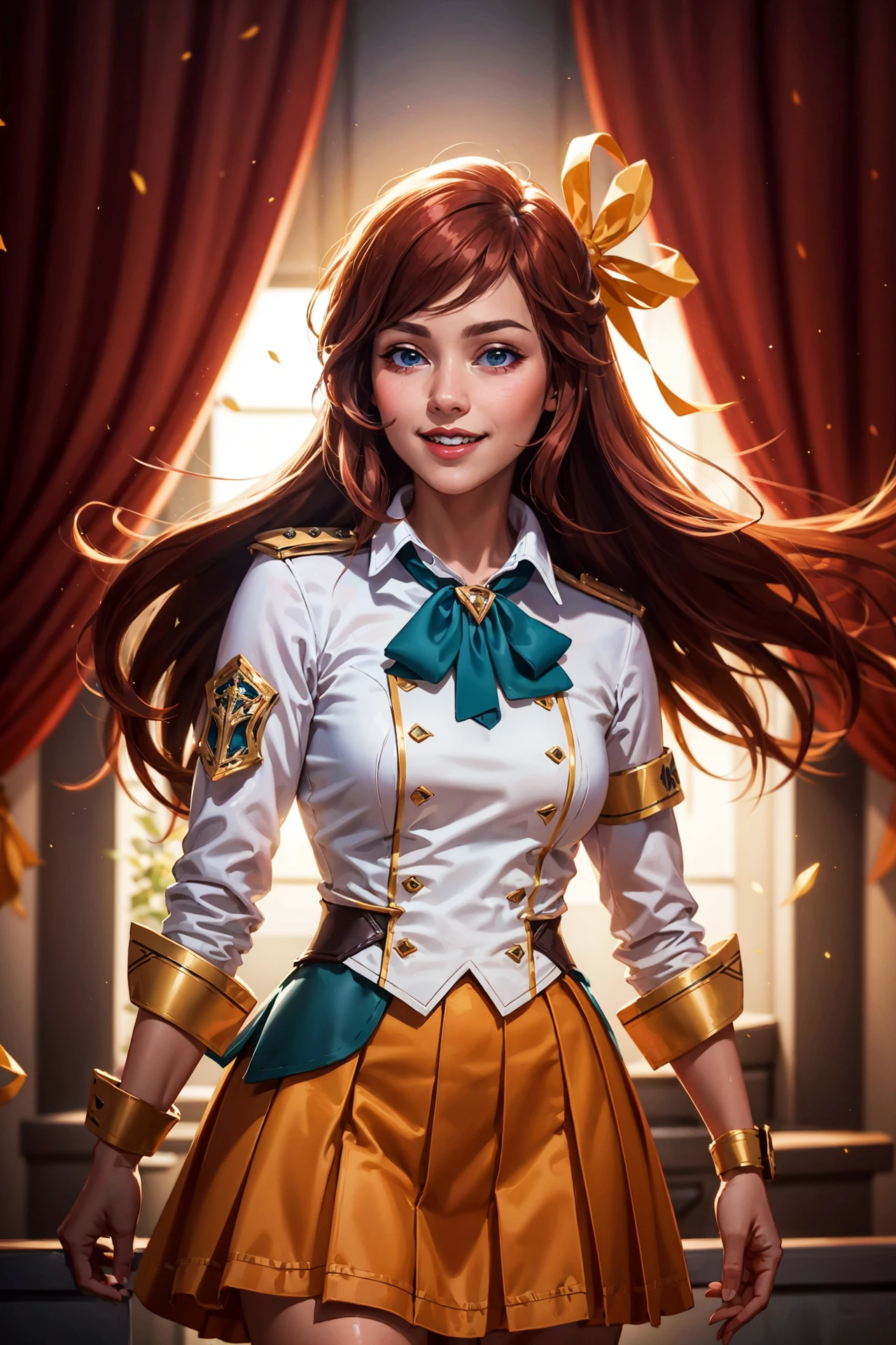 (masterpiece, best quality:1.2), intricate details, <lora:GoodHands-beta2:1>, <lora:lol_pba_lux-000018:0.8>, pba lux, 1girl, collared shirt, pleated skirt, hair ribbon, epaulettes, ascot, light smile
