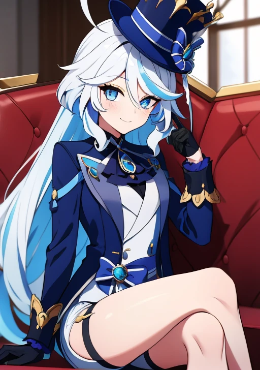 <lora:furina:0.6>furina, 1girl, solo, long hair, looking at viewer, smile, bangs, blue eyes, gloves, long sleeves, hat, jewelry, sitting, closed mouth, blue hair, jacket, ahoge, white hair, multicolored hair, shorts, black gloves, indoors, blurry, streaked hair, blurry background, crossed legs, blue jacket, brooch, couch, blue headwear, top hat, on couch