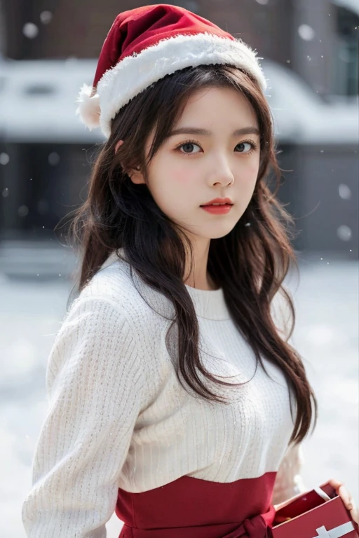 1girl, solo, wearing santa claus outfit, christmas theme, snow christmas background in the morning , mature body, upper body, holding red box of present, realistic,, (mature body), (upper body:1.5), nikon RAW photo,8 k, Fujifilm XT3,masterpiece, best quality, realistic, photorealistic, ultra detailed, extremely detailed face, solo,1girl, standing, fashionable and trendy atmosphere, and a stylish expression on her face, close up, (narrow waist),