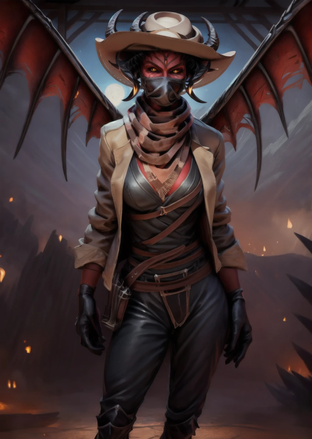 solo,
1girl ,
belt,
brown pants,
cowboy hat,
cleavage,
cowboy western,
demon wings,
scarf covering mouth,
gloves,
glowing,
glowing eyes,
orange eyes,
gun,
handgun,
hat,
holster,
beer,
skinny,
skinny body,
saloon,
holstered weapon,
jacket,
female focus,
pants,
red eyes,
revolver,
scarf,
beige scarf,
solo,
weapon,
wings,
<lora:Metal_Hellsinger-10:1> unknow_metal_hellsinger,
(detailed background, depth of field),
(intricate:1.1),
(high detail:1.2),
(soft focus),
(masterpiece, best quality, 4k, 2k, shaded, absurd res),
hyper realism,
by Chunie,
by CyanCapsule,
by Hallogreen,