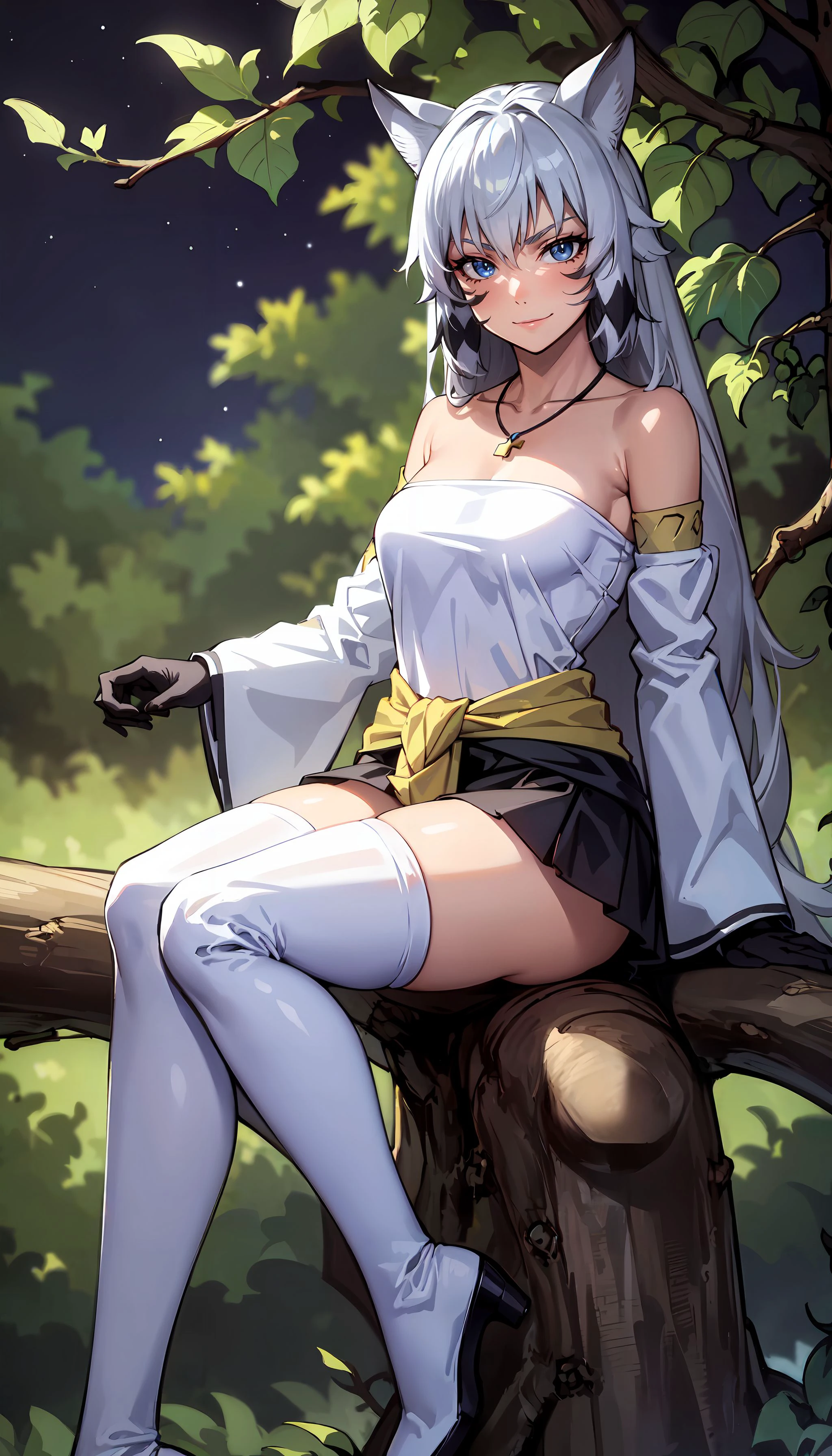 photorealistic, (4k), depth of field, (Masterpiece), (realistic skin texture), extremely detailed, intricate, hyper detailed, professional photography, bokeh, high resolution, sharp detail, best quality, woman, white shirt, long hair, gray hair, cat ears, blue eyes, necklace, yellow waist cape, detached sleeves, face markings, black miniskirt, (white thighhighs:1.3), cat tail, black gloves, (head down), <lora:Suphia:0.8>, (night:1.5), (jungle:1.3), vines, large leaves, (sitting in a tree:1.5), branch,