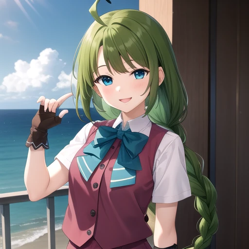 ((masterpiece)),(best quality),official art,extremely detailed CG,unity 8k wallpaper,ultra detailed,A lighthouse on a cliff by the sea,1girl,solo,upper body,(portrait:1.2),looking at viewer,very_long_hair,single_braid,green_hair,pleated_skirt,purple_skirt,short_sleeves,mole_under_mouth,vest,grey_thighhighs,school_uniform,white_shirt,aqua_bow,fingerless_gloves,aqua_bowtie,ahoge,cross-laced_footwear,lace-up_boots,blue_eyes,blouse,brown_gloves,smile,<lora:Yuugumo(kan)>,