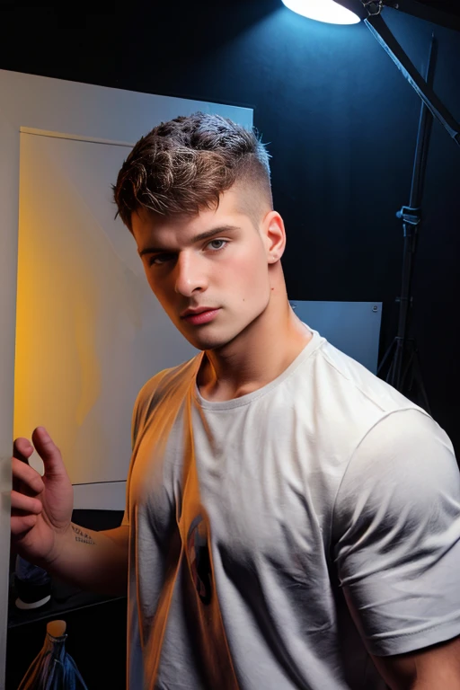 Young white man, 17 years old, black hair, military haircut, fixed green eyes, sharp features, no facial or body hair, height 1.90, weight 93 kg, aesthetic build, runes tattoos , broad shoulders, wide back,V-shaped body, perfil entire body view,