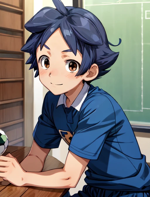 best quality, masterpiece, highres, detailed, digital illustration, <lora:Tools - add_detail:0.2>, KageyamaHikaru, blue hair, forehead, brown eyes, soccer uniform, yellow uniform, 1boy, short hair, <lora:KageyamaHikaru-10:0.9>, upper body, happy,