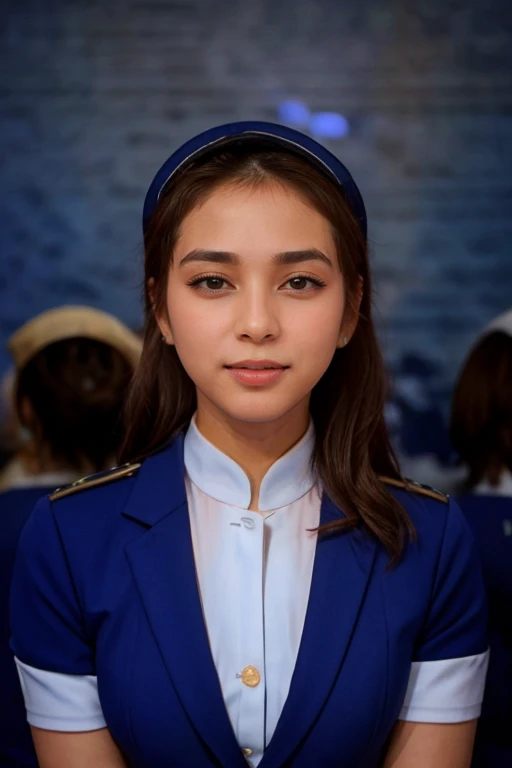 solo, realistic, brunette hair, wearing (((A group of flight attendants dressed in sleek navy blue uniforms, with tailored blazers and knee-length skirts.))),(Cozy_café_background:1.4), ((dynamic pose)), <lora:PAseer-SD15-LCM Quick:1> <lora:ReaLora:.2> <lora:PHA_-_AJ_Raval_LyCO_Reg:1> ajraval