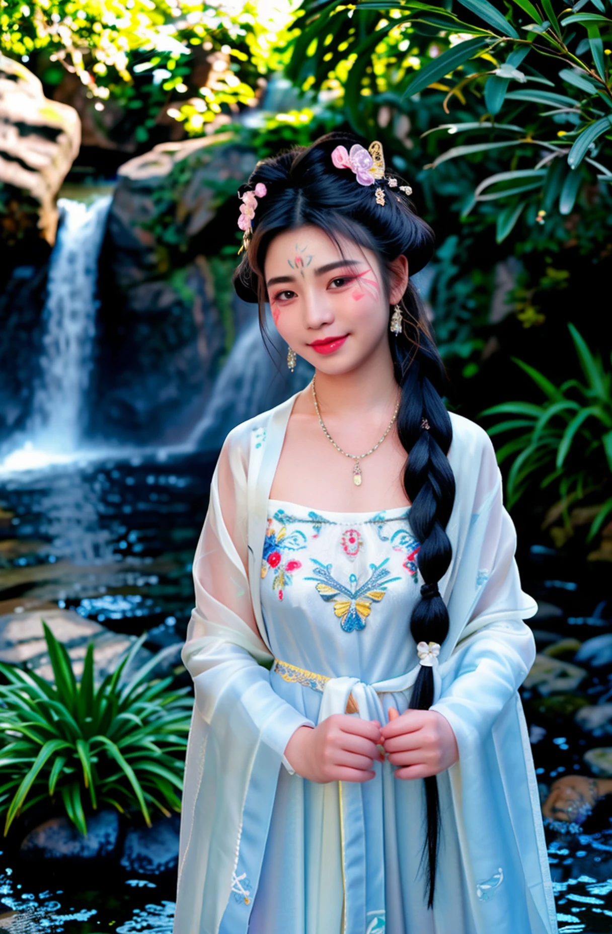 (from front),photo of (a 18 year-old Chinese woman:1.2) wearing Detailed embroidered (see-through) (Hanfu:1.2) from r/nakedhanfu,(best aesthetic:1.2) and (best quality:1.2) and (photorealistic:1.4) and (Realistic:1.4) and Detailed Skin Textures and detailed skin pores and high skin detail,standing,(arms behind back),long sleeves,<lora:naked hanfuV1:0.7>, <lora:LCM_LoRA_Weights_SD15å éå¨:0.7>,hair bun and single braid,(Detailed facial features),Look at the audience and Seducing the audience and smiling,makeup,red lips,(looking at viewer and facing viewer) (wearing Detailed hair ornament and Detailed beads,Detailed hair flower,wearing Detailed jewelry,earrings,necklace,(facial mark:1.2),(forehead mark:1.2),(butterfly hair ornament),hair ribbon,flowers,<lyco:film grainV3:0.4> (There is a magnificent waterfall background behind her),water,water reflects sunlight, <lora:detail_slider_v4:1>,<lora:å¢å ç實æepiCRealLife:1>