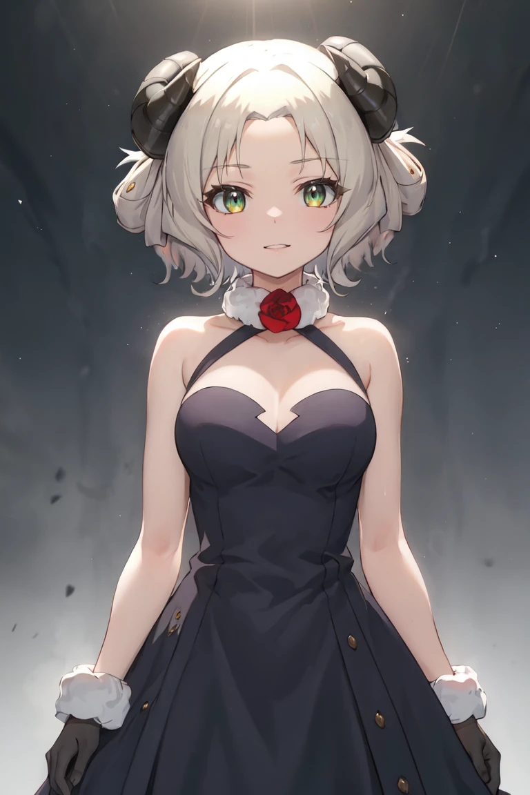 masterpiece, best quality, ultra-detailed, glistening shiny, glowing light, ray tracing, HDR, deph of field, (perfect face, detailed face), <lora:ProvatPecoraAllieres:0.8>, provatpecora, curled horns, short hair, fur choker, black dress, black gloves,standing, cowboy shot