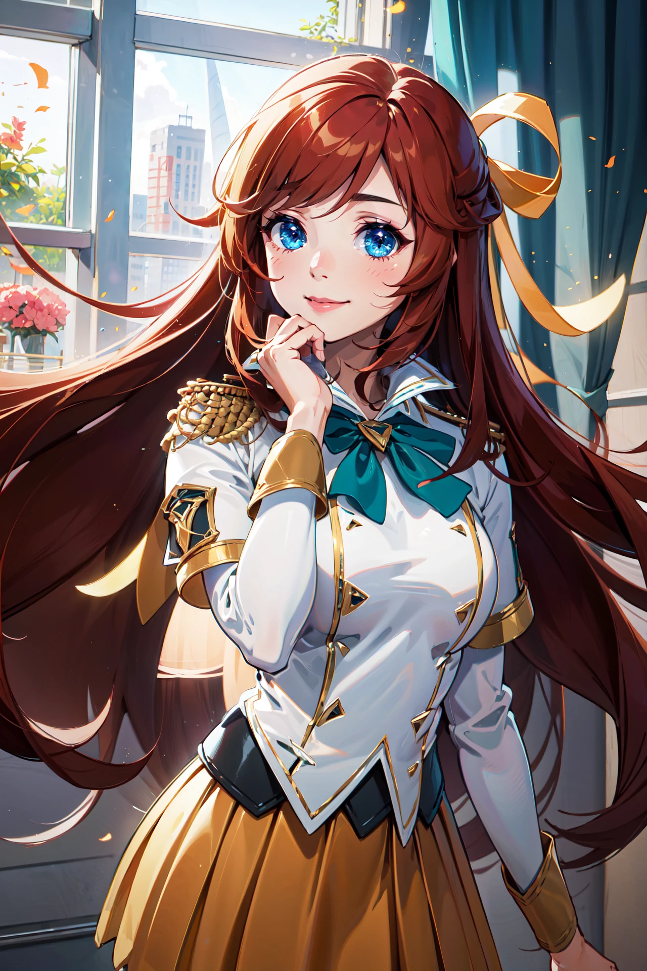 (masterpiece, best quality:1.2), intricate details, <lora:GoodHands-beta2:1>, <lora:lol_pba_lux-000018:1>, pba lux, 1girl, collared shirt, pleated skirt, hair ribbon, epaulettes, ascot, light smile