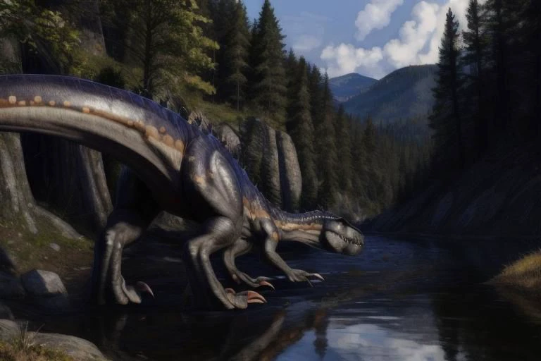 dinosaur, indoraptor, forest, river