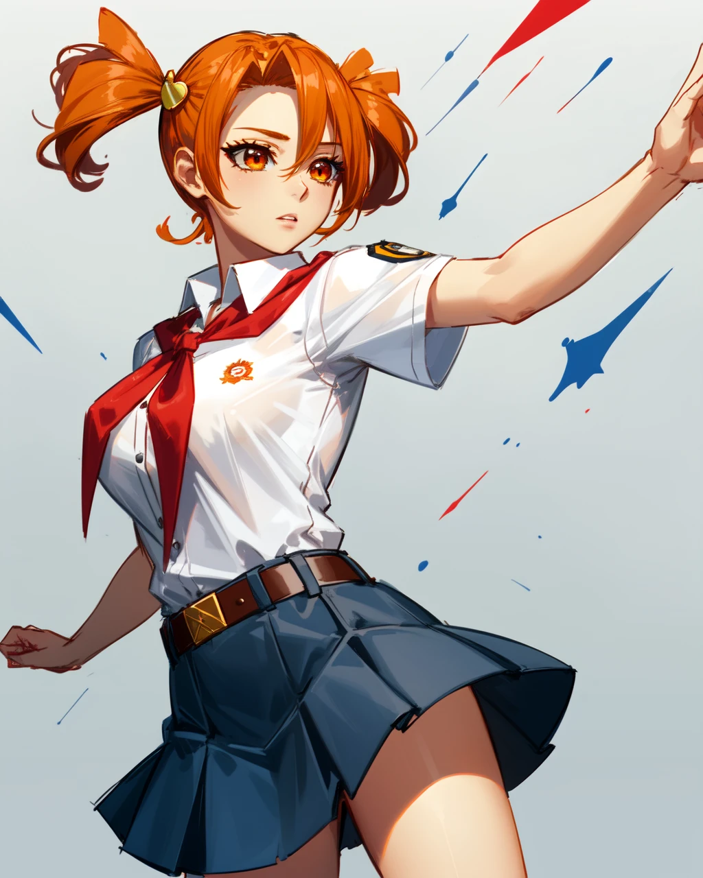 masterpiece, high quality, blalisa, 1girl, cowboy shot, (dynamic shot), orange eyes, orange hair, short twintail, white shirt, red badge on shirt, red bow-tied neckerchief, leather belt, blue skirt, yellow hairpin, abstract background, sparks, <lora:blalisa-000006:0.75>, <lora:add_detail:0.5>