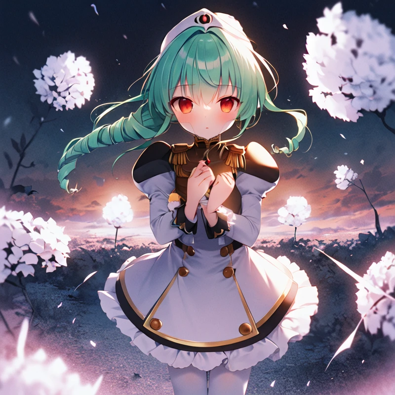 1girl, solo, masterpiece, best quality, illustration, absurdres, cute, film_grain, extremely detailed face, perfect lighting, cowboy shot, <lora:vanilla_h:0.9>, vanilla_h_galaxy_angel, green hair, dress, frills, green hair, juliet sleeves, long hair, long sleeves, ponytail, puffy sleeves, red eyes, white dress, pantyhose, white pantyhose, white legwear, thighhighs, science fiction, frilled skirt, white footwear, white skirt, drill hair, hat,