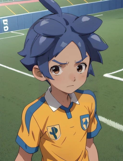 best quality, masterpiece, highres, detailed, digital illustration, <lora:Tools - add_detail:0.2>, KageyamaHikaru, blue hair, forehead, brown eyes, soccer uniform, yellow uniform, 1boy, short hair, <lora:KageyamaHikaru-10:0.9>, upper body, soccer field, stadium,
