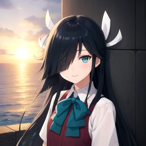 ((masterpiece)),(best quality),official art,extremely detailed CG,unity 8k wallpaper,ultra detailed,A lighthouse on a cliff by the sea,1girl,solo,upper body,(portrait:1.2),looking at viewer,very_long_hair,smile,hair_over_one_eye,black_hair,boots,school_uniform,aqua_bow,skirt,grey_pantyhose,hair_ribbon,<lora:Hayashimo(kan)>,