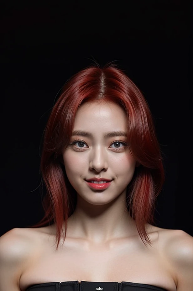 Best quality, masterpiece, ultra high res, (photorealistic:1.4), (extremely detailed eyes), (((strapless))), raw photo, covered chest, 1girl, solo, realistic, (looking at viewer), upper body, ((plain black background:1.5)), (face lighting:1.5), bare shoulders, smile, (((long wavy red hair))), <lora:yunalorashy:1>