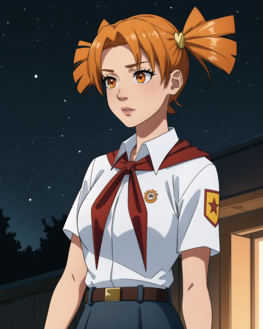 masterpiece, high quality, blalisa, 1girl, medium shot, upper body, orange eyes, orange hair, short twintails, white shirt, red badge on shirt, red bow-tied neckerchief, leather belt, blue skirt, yellow hairpin, outdoors, night, party, sky, stars, <lora:blalisa-000006:0.7>, <lora:add_detail:0.5>