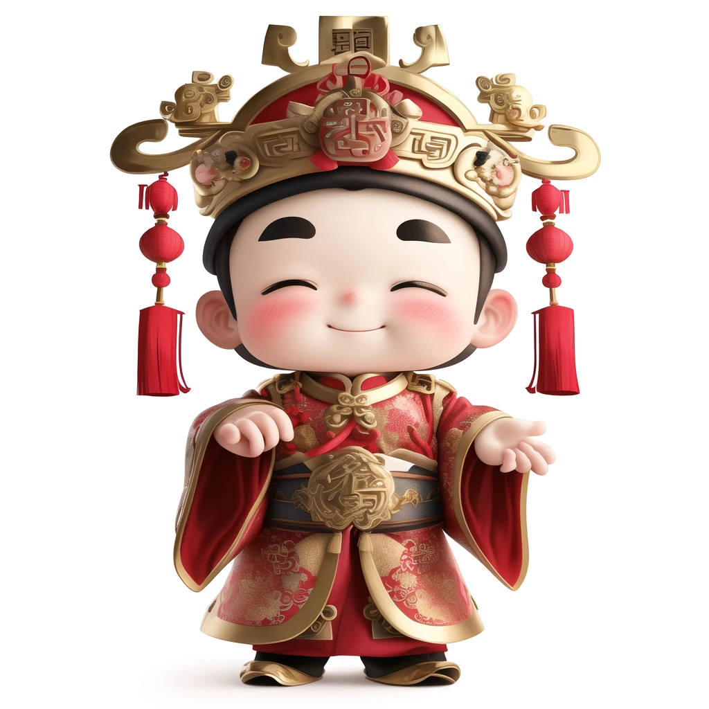 dafengcaishen,solo,blush,smile,simple background,long sleeves,1boy,hat,white background,closed mouth,standing,full body,Smiling eyes,male focus,wide sleeves,chibi,^_^,chinese clothes,thick eyebrows,crown,facing viewer,robe,male child,<lora:大峰3då¡éè´¢ç¥-000004:0.6>,