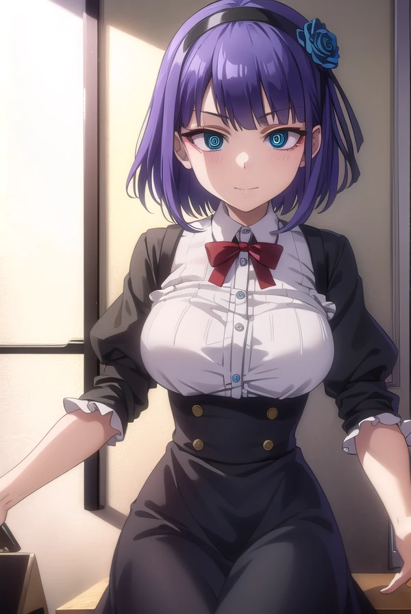 hotarushidare, <lora:hotaru shidare s2-lora-nochekaiser:1>,
hotaru shidare, short hair, blue eyes, hair ornament, purple hair, flower, hairband, hair flower, (ringed eyes:1.5), smile,
BREAK skirt, pantyhose, high heels, black pantyhose, high-waist skirt, shirt, frilled shirt, bowtie, red bowtie, puffy sleeves, short sleeves, white shirt,
BREAK outdoors,
BREAK looking at viewer,
BREAK <lyco:GoodHands-beta2:1>, (masterpiece:1.2), best quality, high resolution, unity 8k wallpaper, (illustration:0.8), (beautiful detailed eyes:1.6), extremely detailed face, perfect lighting, extremely detailed CG, (perfect hands, perfect anatomy),