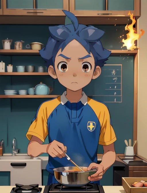 best quality, masterpiece, highres, detailed, digital illustration, <lora:Tools - add_detail:0.2>, KageyamaHikaru, blue hair, forehead, brown eyes, soccer uniform, yellow uniform, 1boy, short hair, <lora:KageyamaHikaru-10:0.9>, upper body, kitchen cooking, surprised, fire, wok,