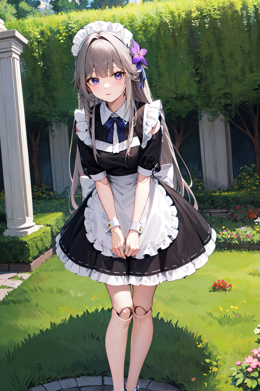 masterpiece, best quality, highres, aaherta, long hair, grey hair, hair flower, joints, <lora:herta_v1:0.7>, maid, maid headdress, v arms, garden, standing