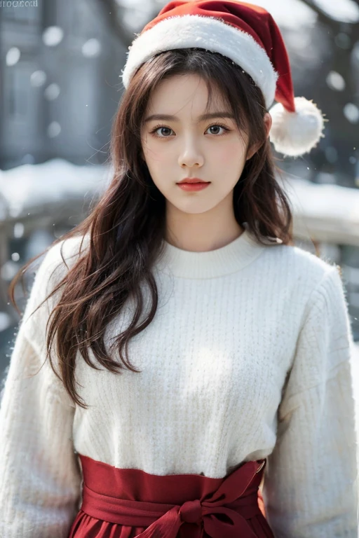 1girl, solo, wearing santa claus outfit, christmas theme, snow christmas background in the morning , mature body, upper body, holding red box of present, realistic,, (mature body), (upper body:1.5), nikon RAW photo,8 k, Fujifilm XT3,masterpiece, best quality, realistic, photorealistic, ultra detailed, extremely detailed face, solo,1girl, standing, fashionable and trendy atmosphere, and a stylish expression on her face, close up, (narrow waist),