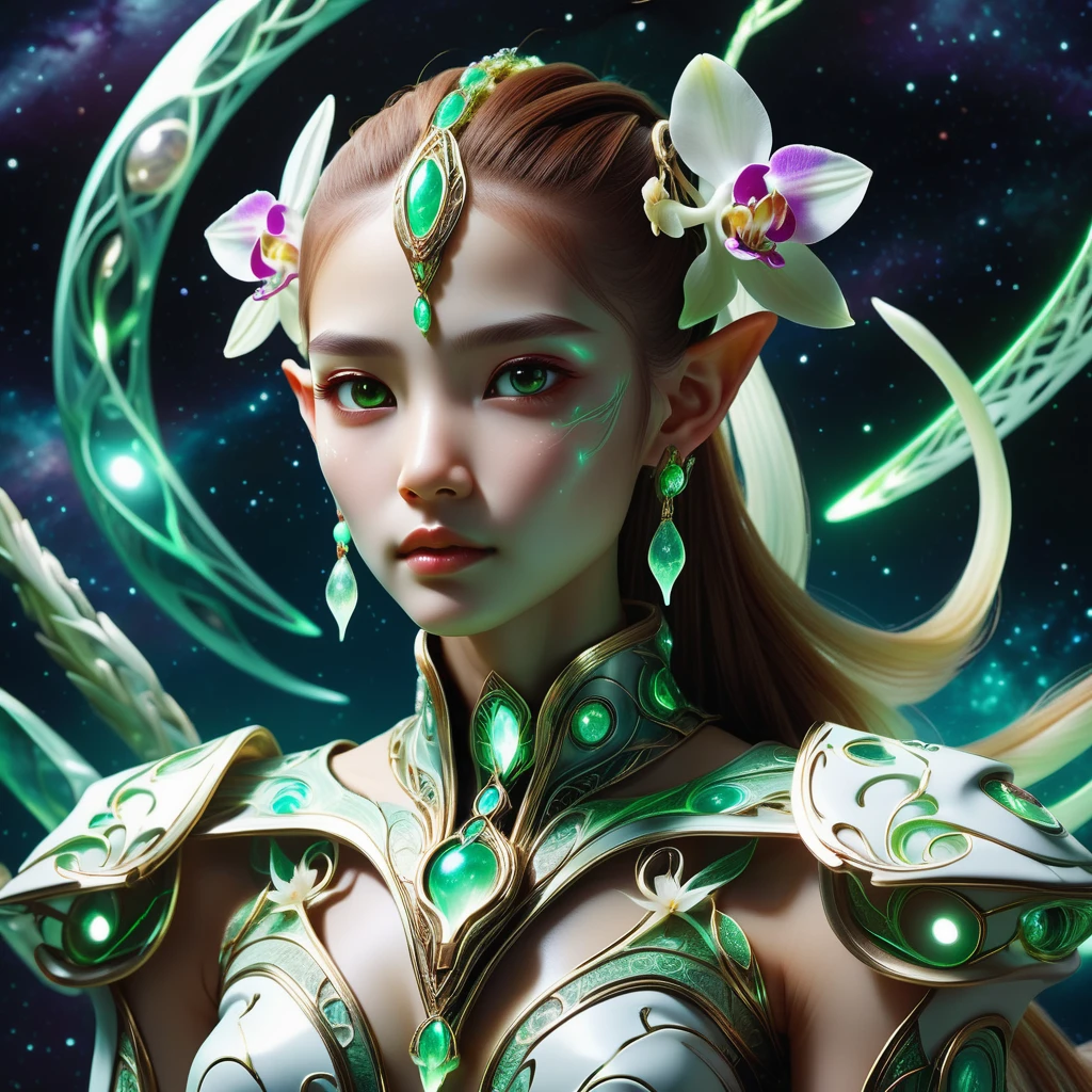 hyper detailed masterpiece, dynamic, awesome quality,DonM3lv3sXL female teenager, toned, inuit, chestnut eyes, square chin, unusual jaw, low cheekbones, asymmetrical forehead, , orchid high ponytail hair, loneliness, etheric resonance, hands forming an energy ball between palms, arcanist, shape-shifting , elemental attunement, standing in harmony with natural elements, ethereal light, ethereal light, a space opera battle, with starships engaging in epic combat amidst a backdrop of distant galaxies <lora:DonM3lv3sXL-000005:0.85>