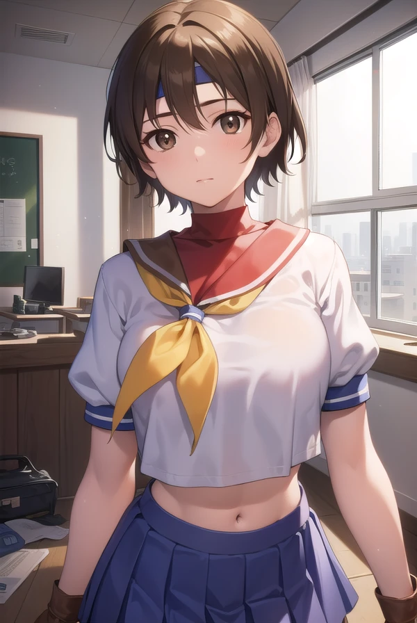 sakurakasugano, <lora:sakura kasugano v2-lora-nochekaiser:1>,
sakura kasugano, (brown eyes:1.7), brown hair, short hair,
BREAK ankle socks, blue skirt, crop top, headband, midriff, miniskirt, navel, sailor collar, school uniform, shoes, short sleeves, skirt, sneakers, socks, stomach, shirt, white shirt, white headband, gloves, red gloves,
BREAK indoors, classroom,
BREAK cowboy shot, looking at viewer,
BREAK <lyco:GoodHands-beta2:1>, (masterpiece:1.2), best quality, high resolution, unity 8k wallpaper, (illustration:0.8), (beautiful detailed eyes:1.6), extremely detailed face, perfect lighting, extremely detailed CG, (perfect hands, perfect anatomy),