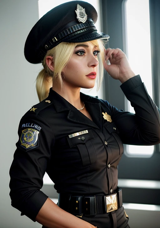 Tracy De Santa, posses for a camera in full height, <lora:Tracey_De_Santa-10:0.8>, ((black police uniform)), fit, young 21 old years actress, medium breast, blonde hair, high quality, UHD, 8k, Nikon 50mm f/1.8, cinematic grease, blur