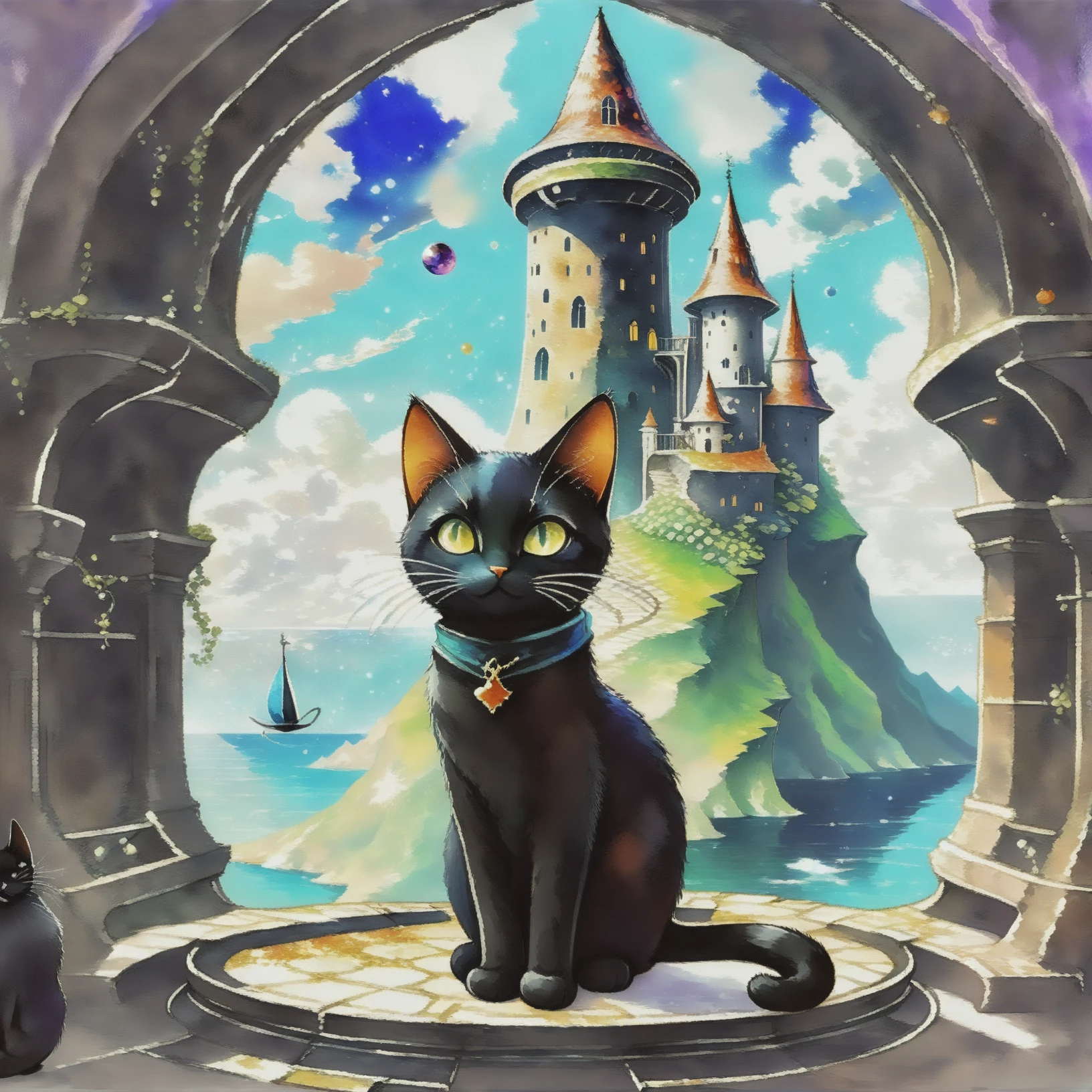 an adorable black cat, noon, scenery, in a aesthetically pleasing Wizard Tower Island, anime style<lora:EnvyAnimeWatercolorXL02:1><lora:EnvyBetterHiresFixXL01:0:hr=1>