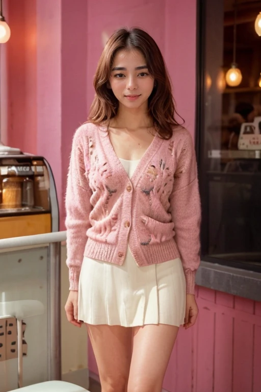 solo, realistic, brunette hair, wearing (Knit_cardigan:1.4),(Printed_midi_skirt:1.3),(Slip-on_sneakers:1.2),(Cozy_café_background:1.4), ((dynamic pose)), <lora:PAseer-SD15-LCM Quick:1> <lora:ReaLora:.2> <lora:PHA_-_AJ_Raval_LyCO_Reg:1> ajraval