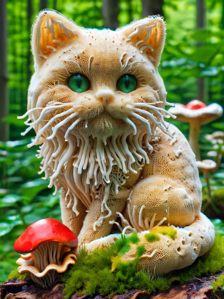 scifi, Psychedelic ,Mycelia,spongy, cute ral-mycelium cat, (sitting on a mushroom made out of ral-mycelium:1.8) <lora:ral-mycelium-sdxl:1> ral-mycelium