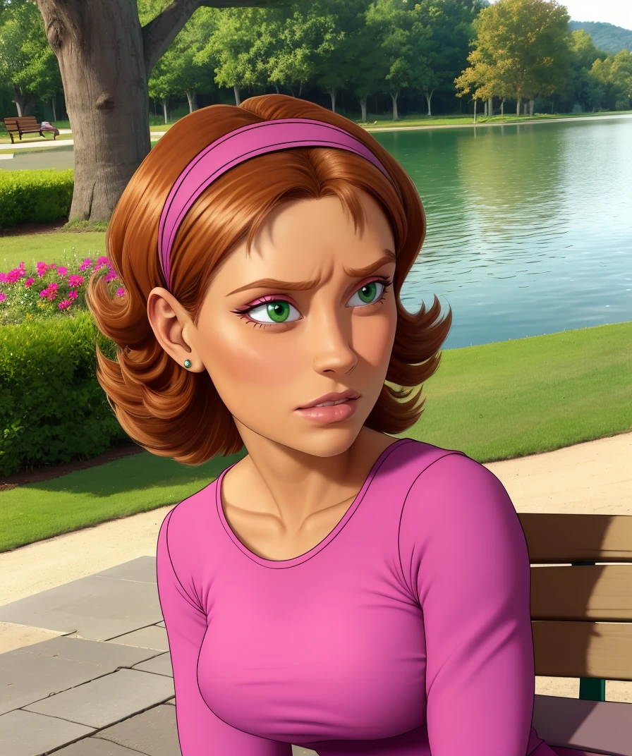 Irma,brown hair,solo,short hair,green eyes,
pink shirt,pink hairband,
park,serious,
upper body,sitting,
outside,bench,lake,
(insanely detailed, beautiful detailed face, masterpiece, best quality),<lora:IrmaLair-10W2:0.8>,