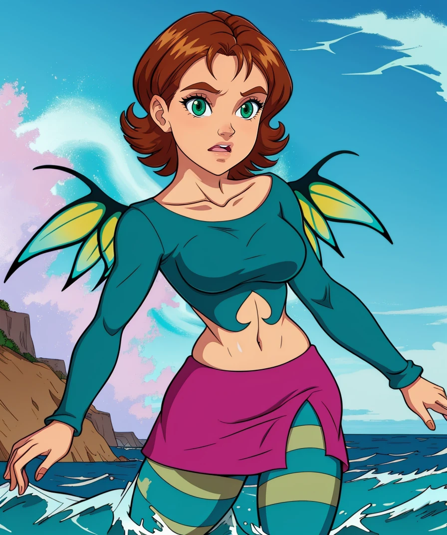 Irma,brown hair,solo,short hair,green eyes,
standing,upper body,smile,
striped pantyhose,teal crop top,boots,fairy wings,pink miniskirt,callorbone,long sleeves,
raging seas,
(insanely detailed, beautiful detailed face, masterpiece, best quality),<lora:IrmaLair-10W2:0.8>,